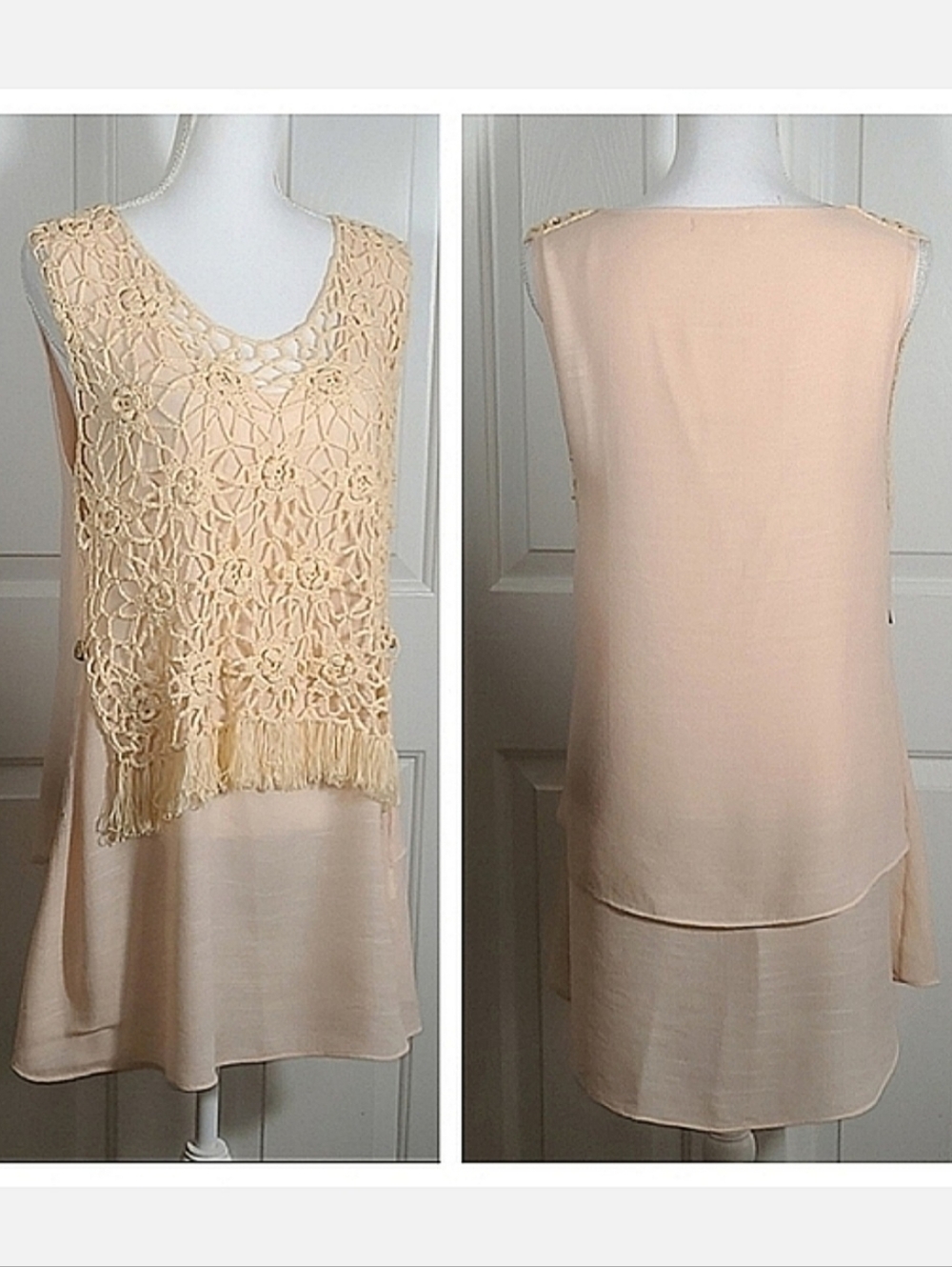 NWT A'reve Sleeveless Light Peach Top Cream Floral Crocheted Overlay & Fringe